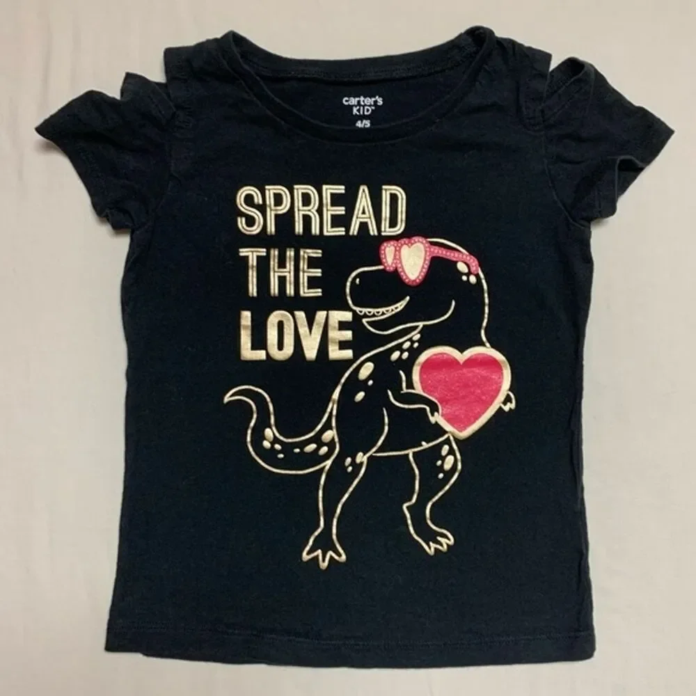 Black Dinosaur Heart Top Girl’s 4-5 Short Sleeve Tee Shirt Cold Shoulder Fall